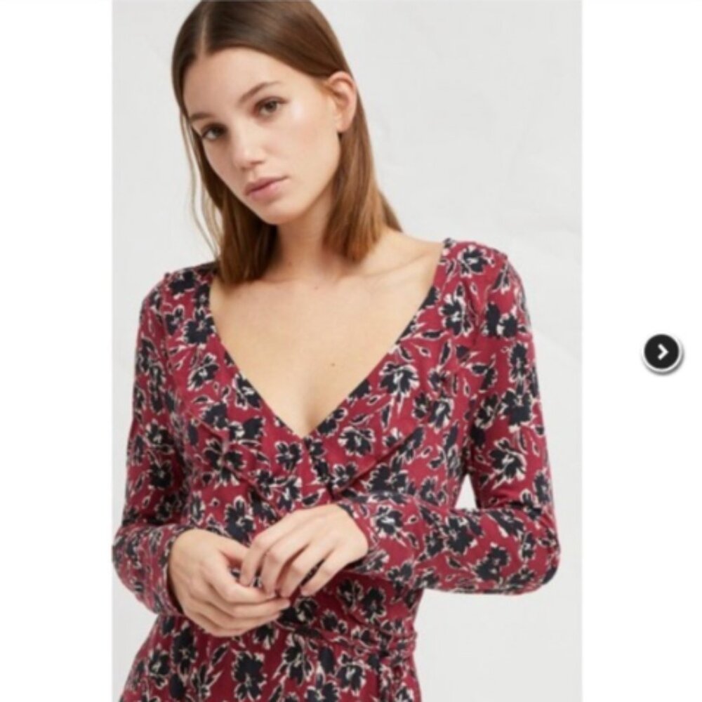 French Connection Red Floral Dress | Long Sleeve Wrap V-Neck